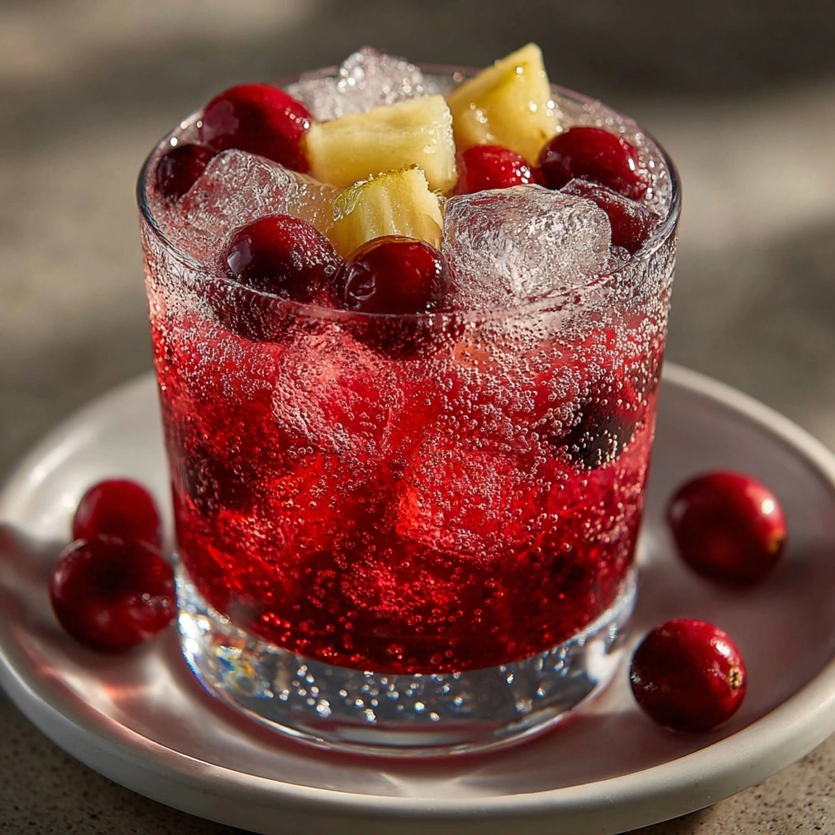 Sparkling Cranberry Ginger Fizz Mocktail: festive red bubbly drink with candied ginger and cranberries.