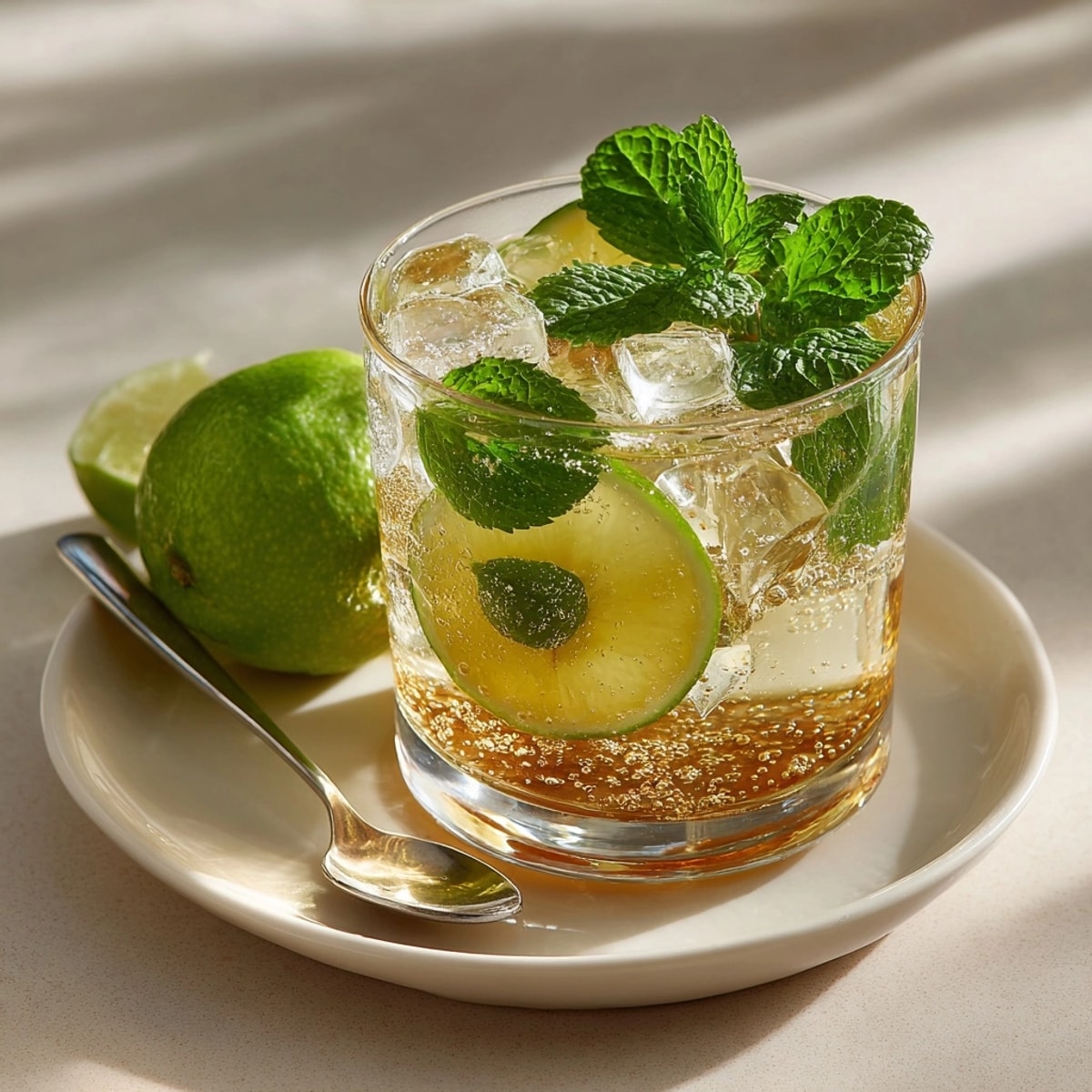 Icy Sparkling Apple Cider Limeade recipe; tart lime slices, bubbly drink served chilled.