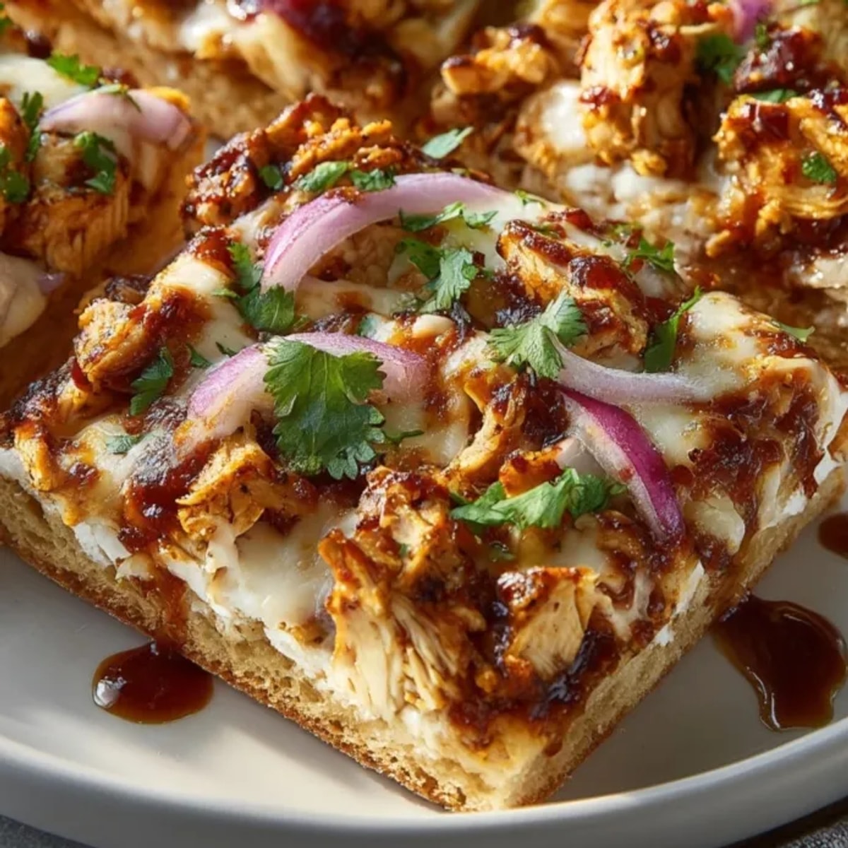 Grilled BBQ Chicken Flatbread Squares: golden crust topped with juicy, smoky chicken bits.