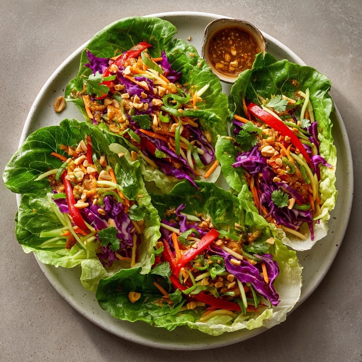 Making delicious Thai Peanut Veggie Lettuce Wraps: colorful, healthy, and irresistibly flavorful.