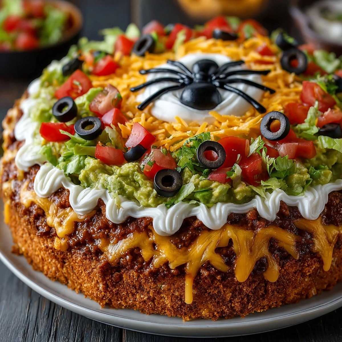 Festive Spiderweb 7-Layer Taco Dip with vibrant layers, perfect for a spooky Halloween party.