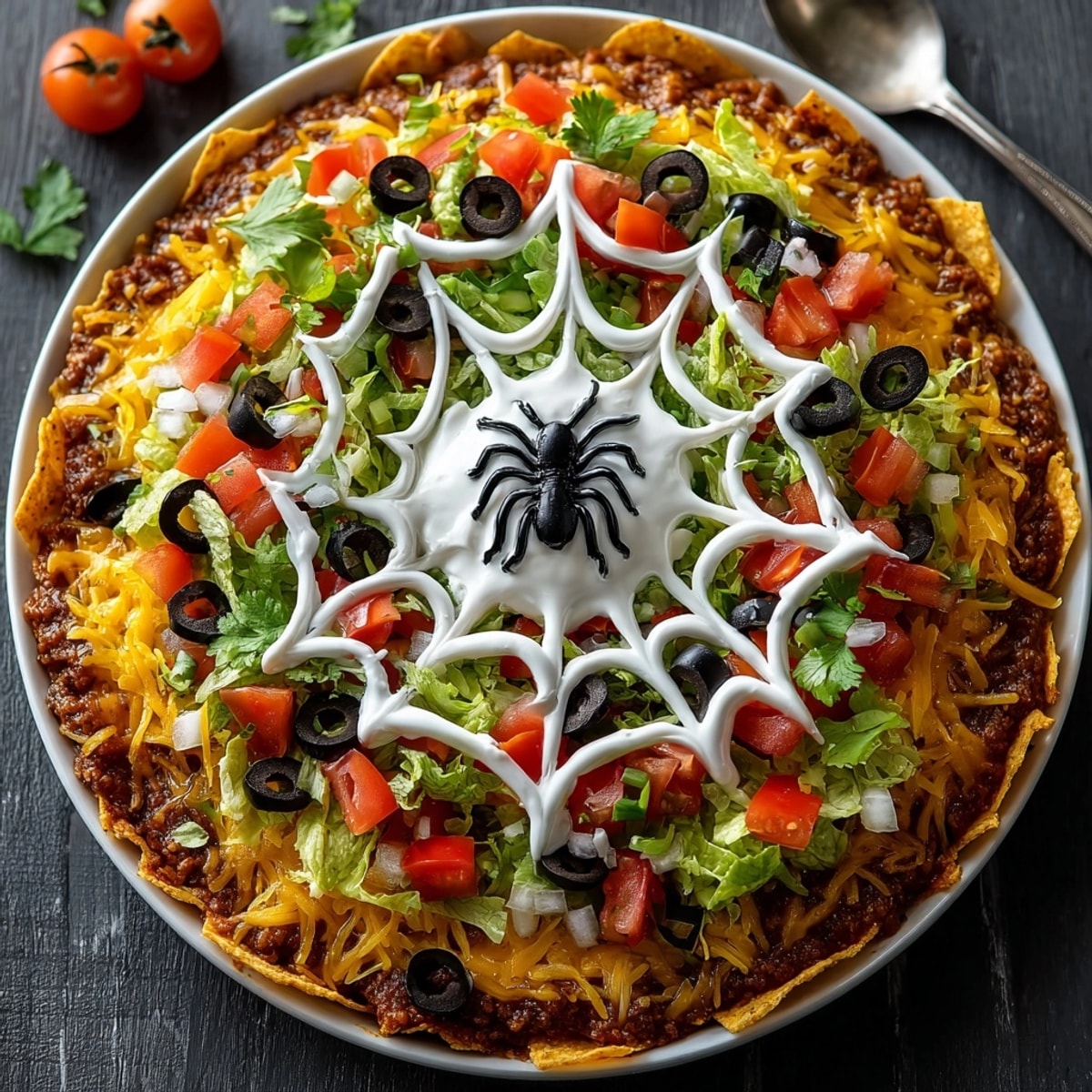Homemade Halloween Spiderweb 7-Layer Taco Dip: a delicious, colorful appetizer served with tortilla chips.
