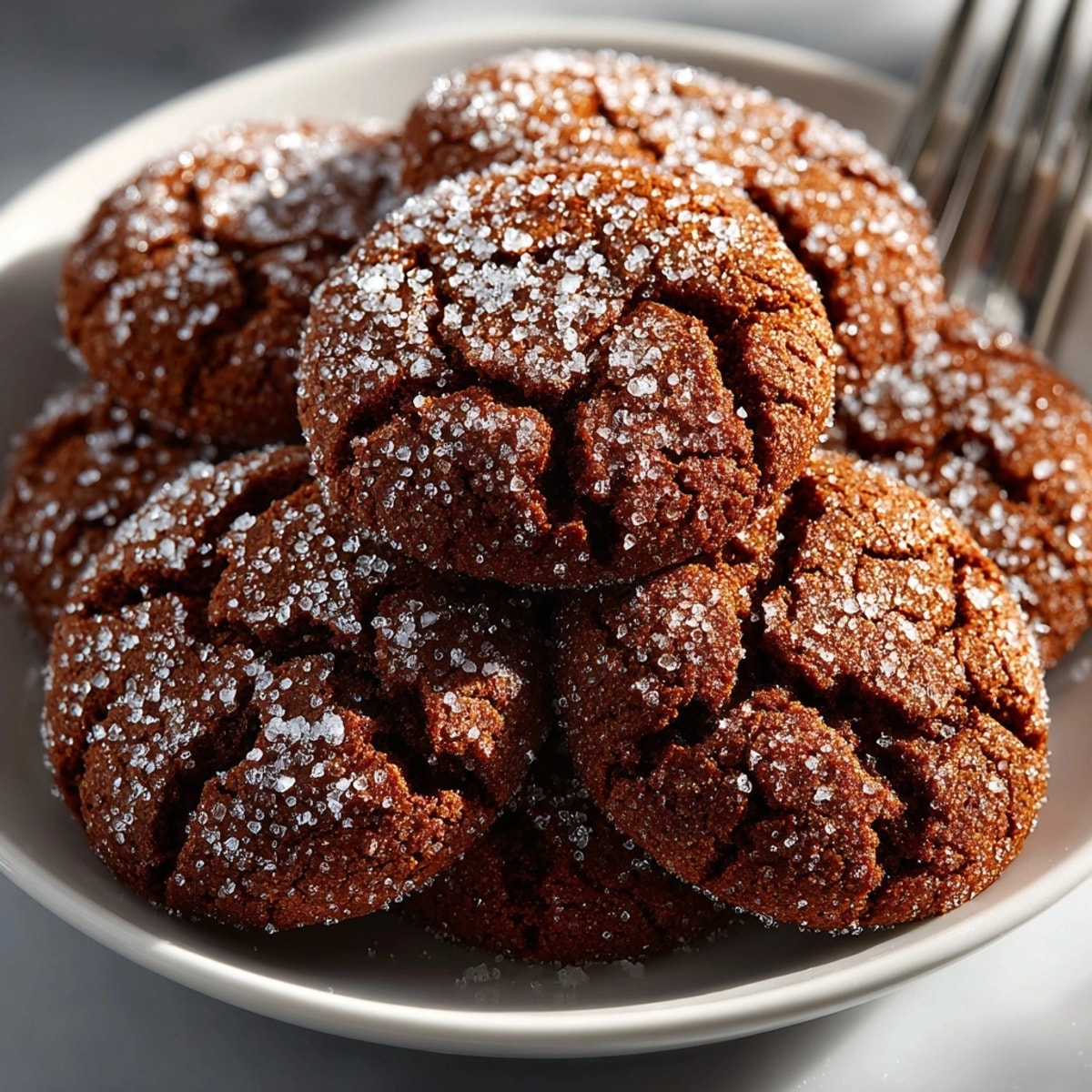 Close-up of soft Gingerbread Crinkle Cookies, sugary coating cracked, revealing a dark, spiced center.