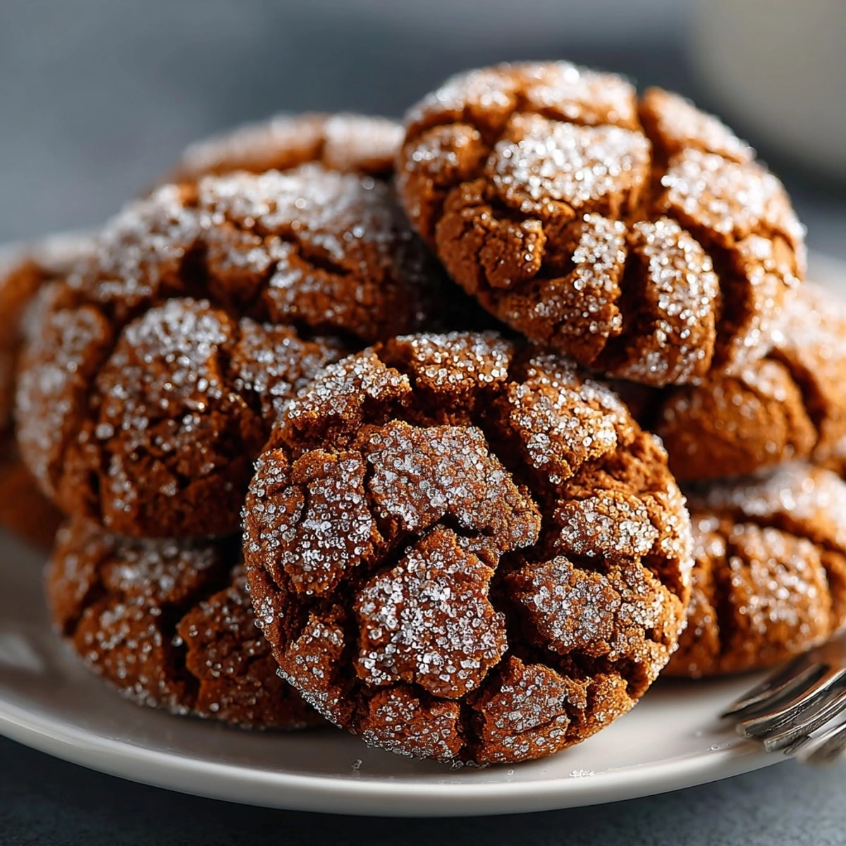 Stack of chewy Gingerbread Crinkle Cookies, dusted with powdered sugar; festive dessert beside a cozy mug.