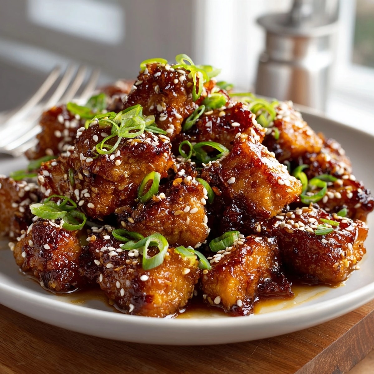 Close-up of glossy, enticing Sticky Ginger Sesame Chicken; perfect served atop fluffy rice.