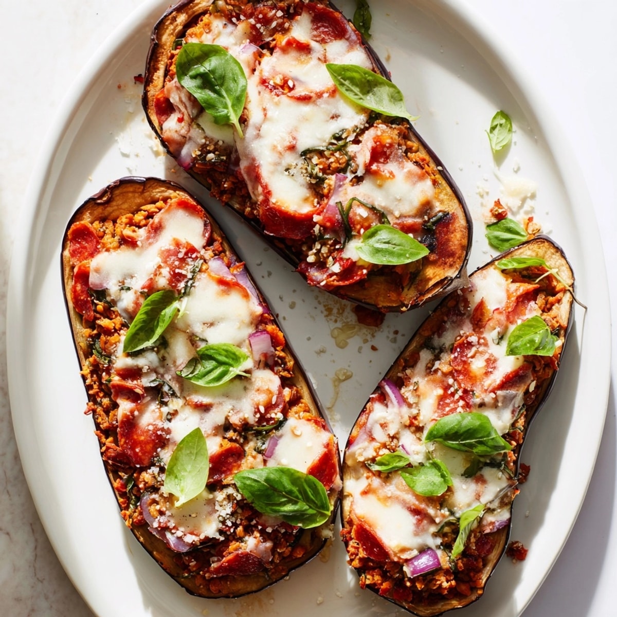 Golden, melted cheese covers savory lentil-stuffed Protein Eggplant Pizza Boats, fresh basil garnish.