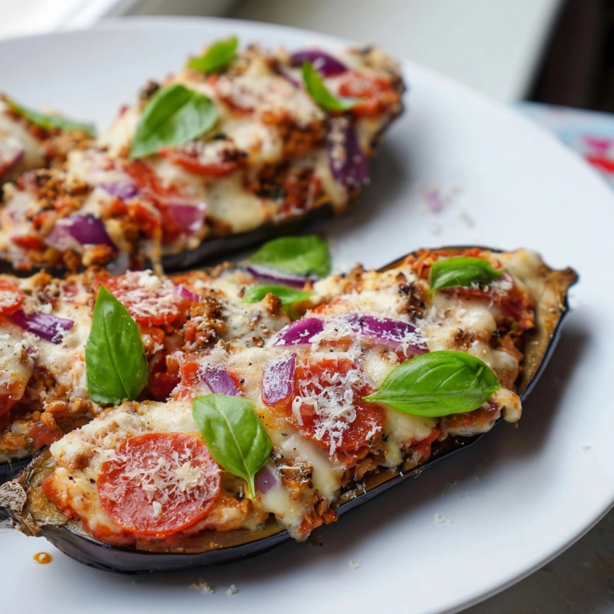 Roasted Protein Eggplant Pizza Boats with bubbling mozzarella, ready to serve for dinner.