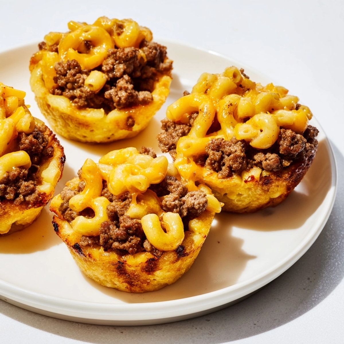 Golden baked Mac and Cheese Cheeseburger Cups, creamy filling oozing, ready to devour.