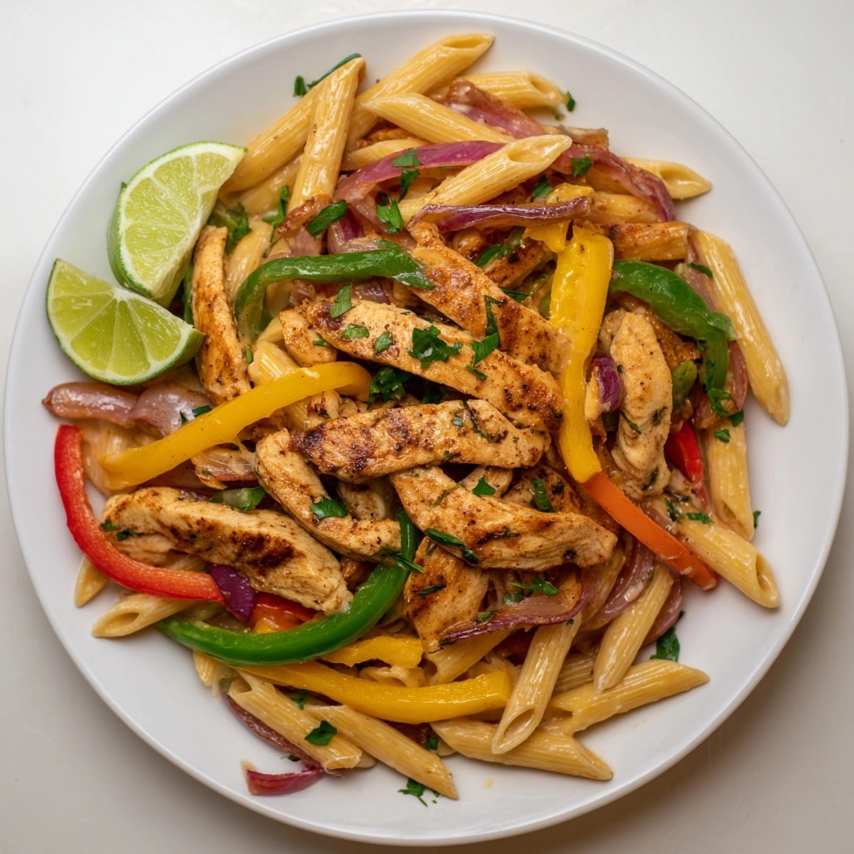 Close-up of Alfredo Chicken Fajita Pasta, garnished with parsley and served with lime.