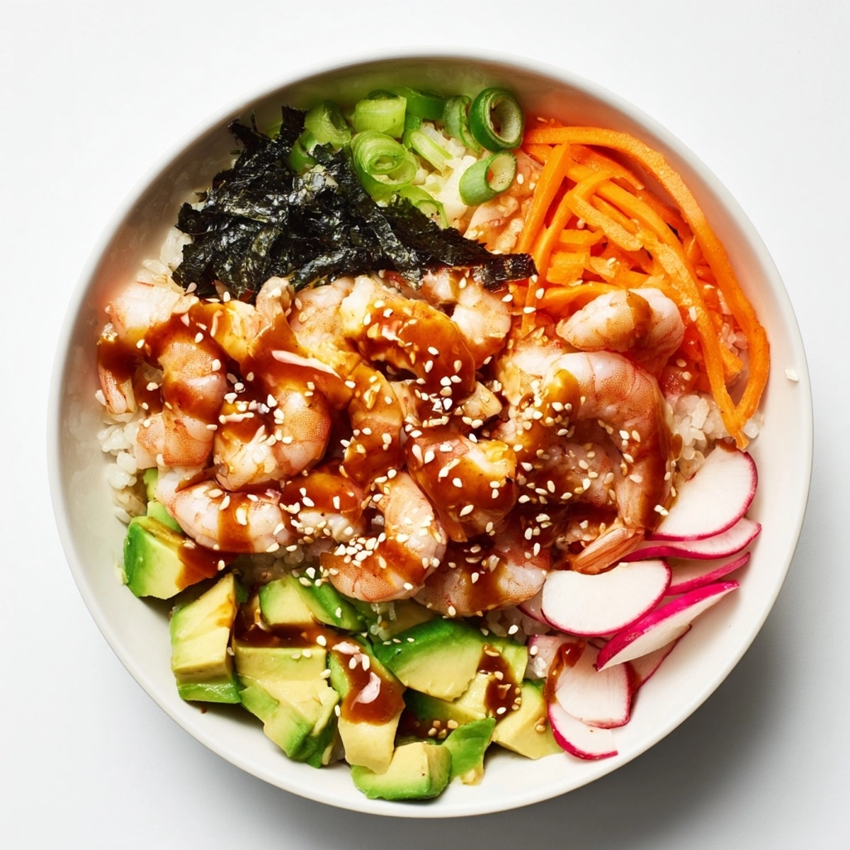 Close-up of a vibrant Shrimp and Avocado Sushi Bowl, ready to be enjoyed.