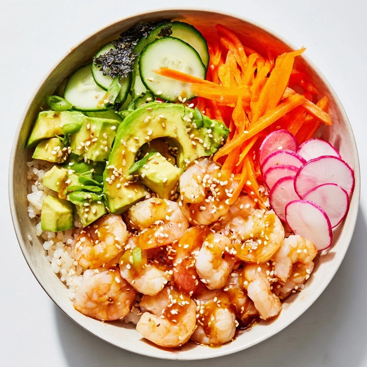 Fresh, colorful Shrimp and Avocado Sushi Bowls with creamy avocado and a tangy sauce.