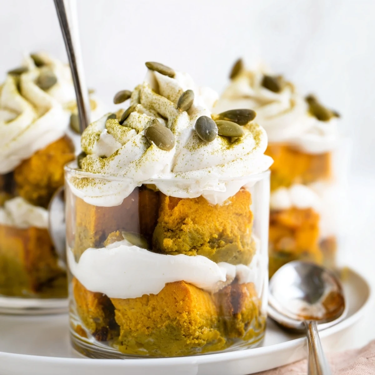 Layered Matcha Pumpkin Muffin Trifles, showcasing vibrant colors and decadent flavors of fall.  