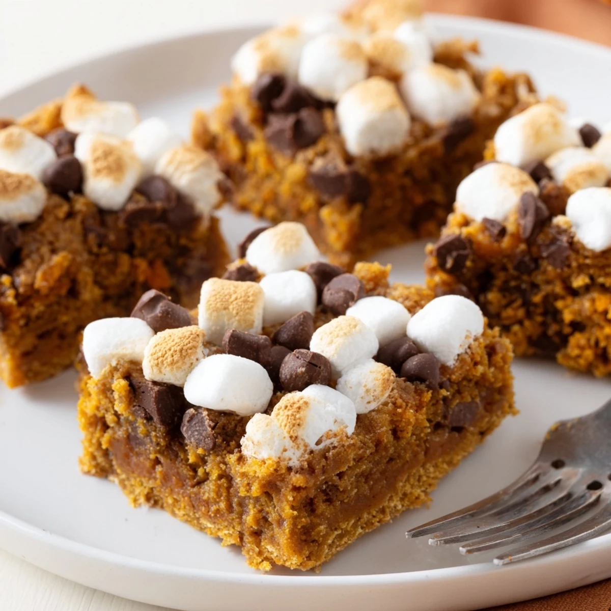Warm pumpkin muffin s’mores bars topped with fluffy toasted marshmallows and chocolate.  