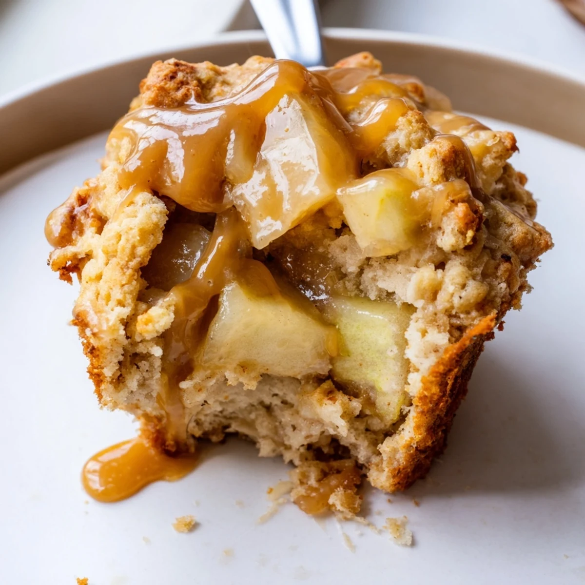 Moist caramel apple scone muffins drizzled with sweet, rich caramel glaze ready for breakfast.  