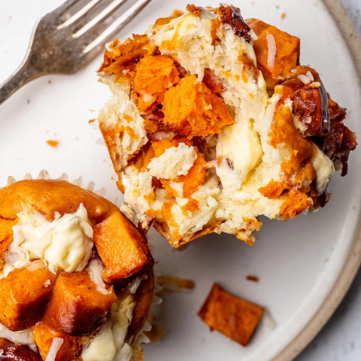 Fluffy cream cheese sweet potato cheddar pretzel muffins topped with coarse sea salt.