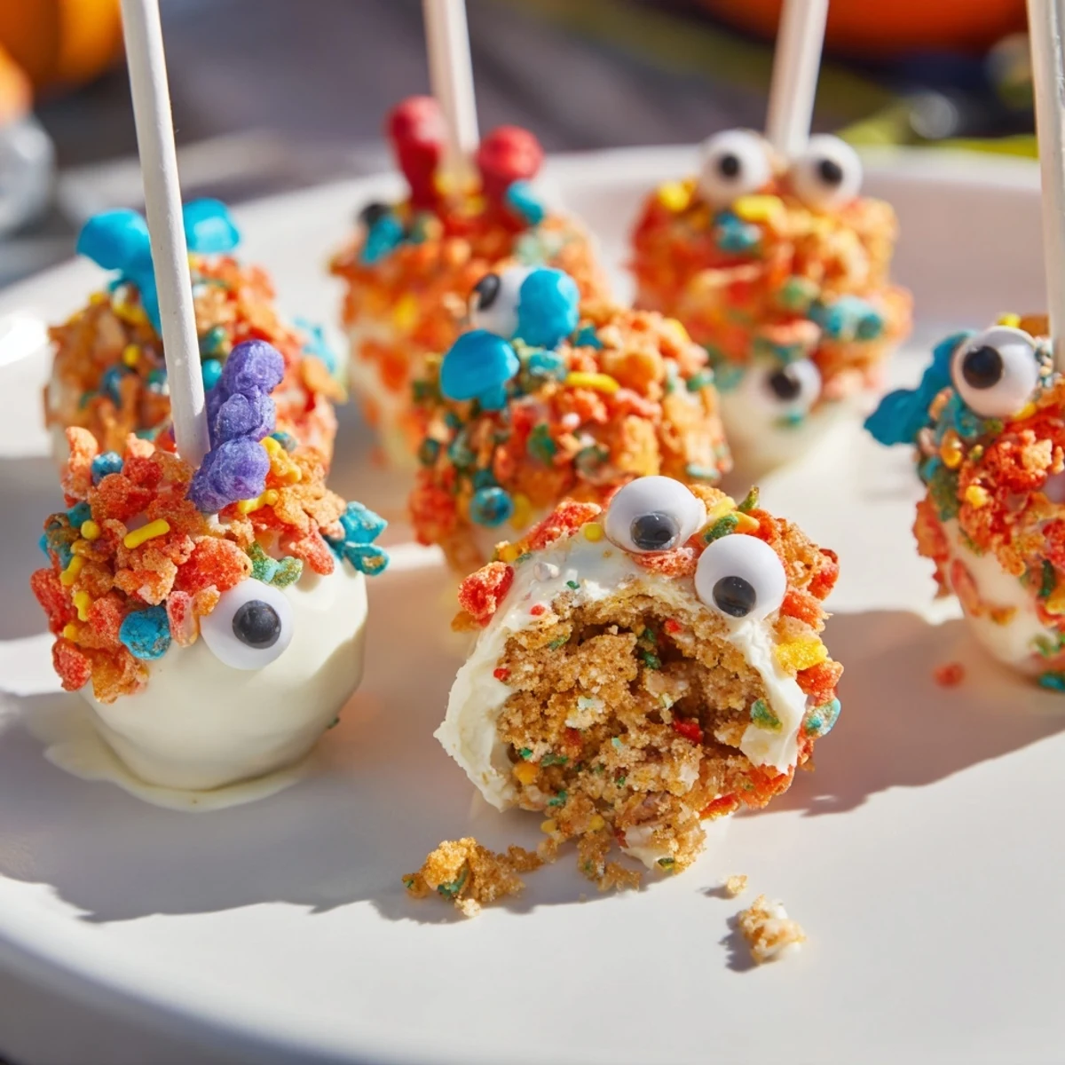 Delicious Flamin Hot Sweet Tea Monster Cake Pops with vibrant colors and fun decorations.