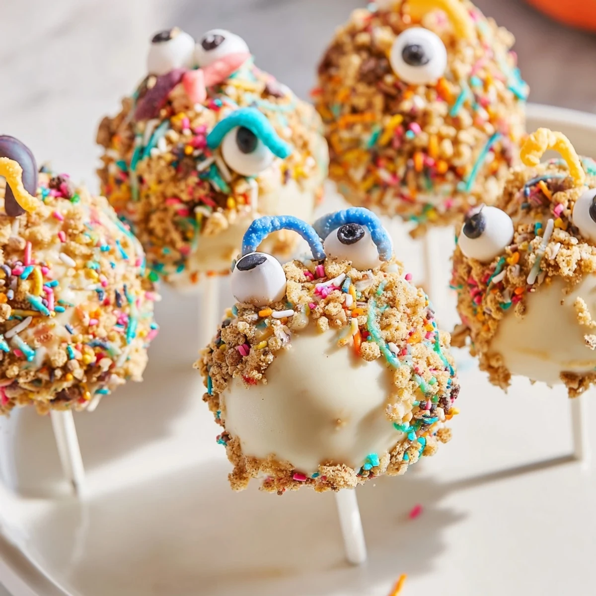 Whimsical Flamin Hot Sweet Tea Monster Cake Pops adorned with candy eyes and spicy crumble.