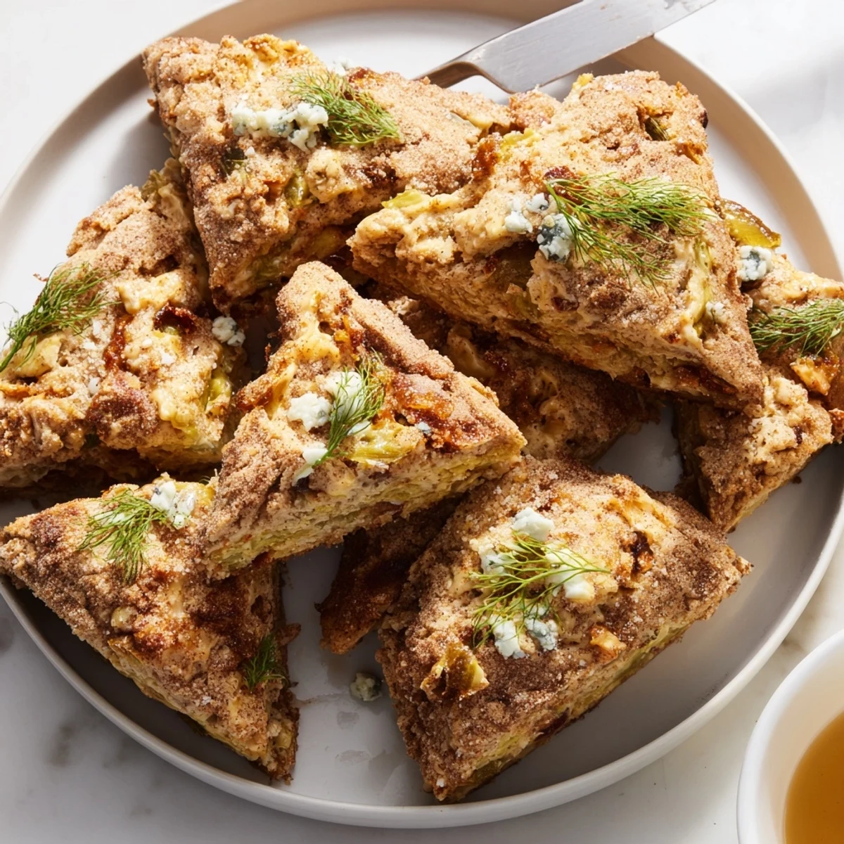 Warm, fluffy Dill Pickle Buffalo Ranch Churro Cake Scones served with ranch dip.