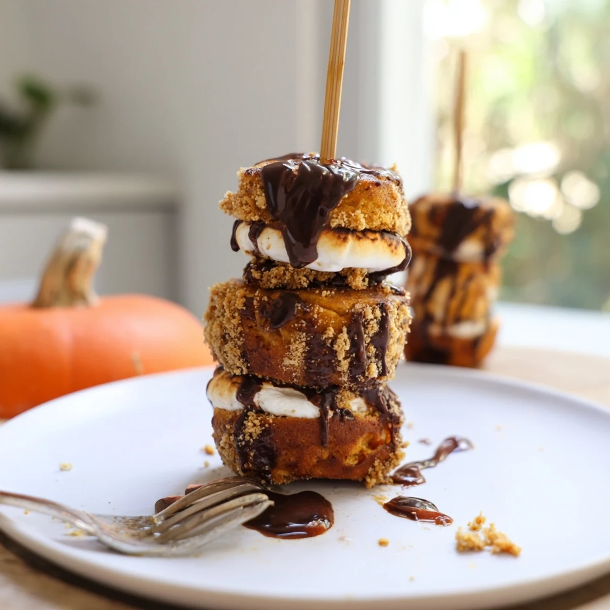 Fluffy Smores Pumpkin Cheesecake Pancake Muffin Skewers drizzled with melted chocolate  