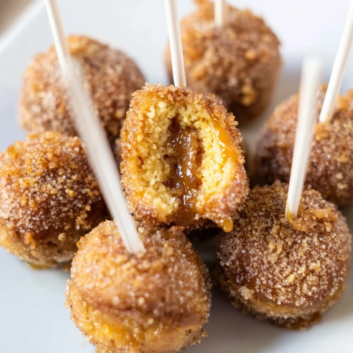 Soft chai caramel cinnamon sugar muffin pops with gooey centers, perfect for parties.
