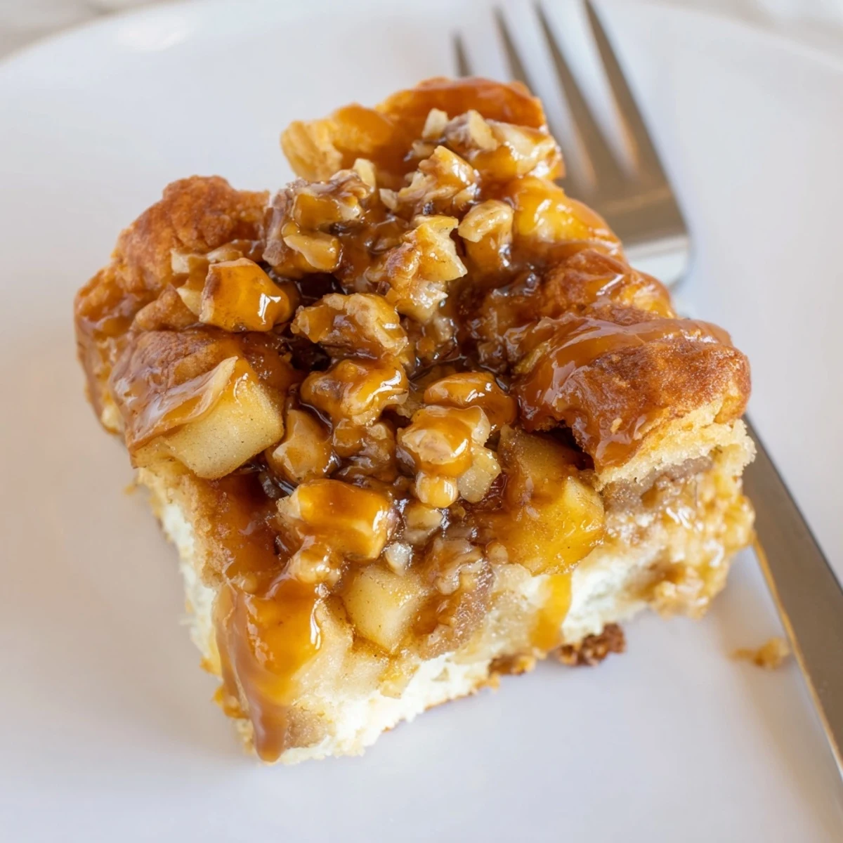 Layers of Caramel Apple Flaky Pretzel Biscuit Bars drizzled with rich caramel sauce.