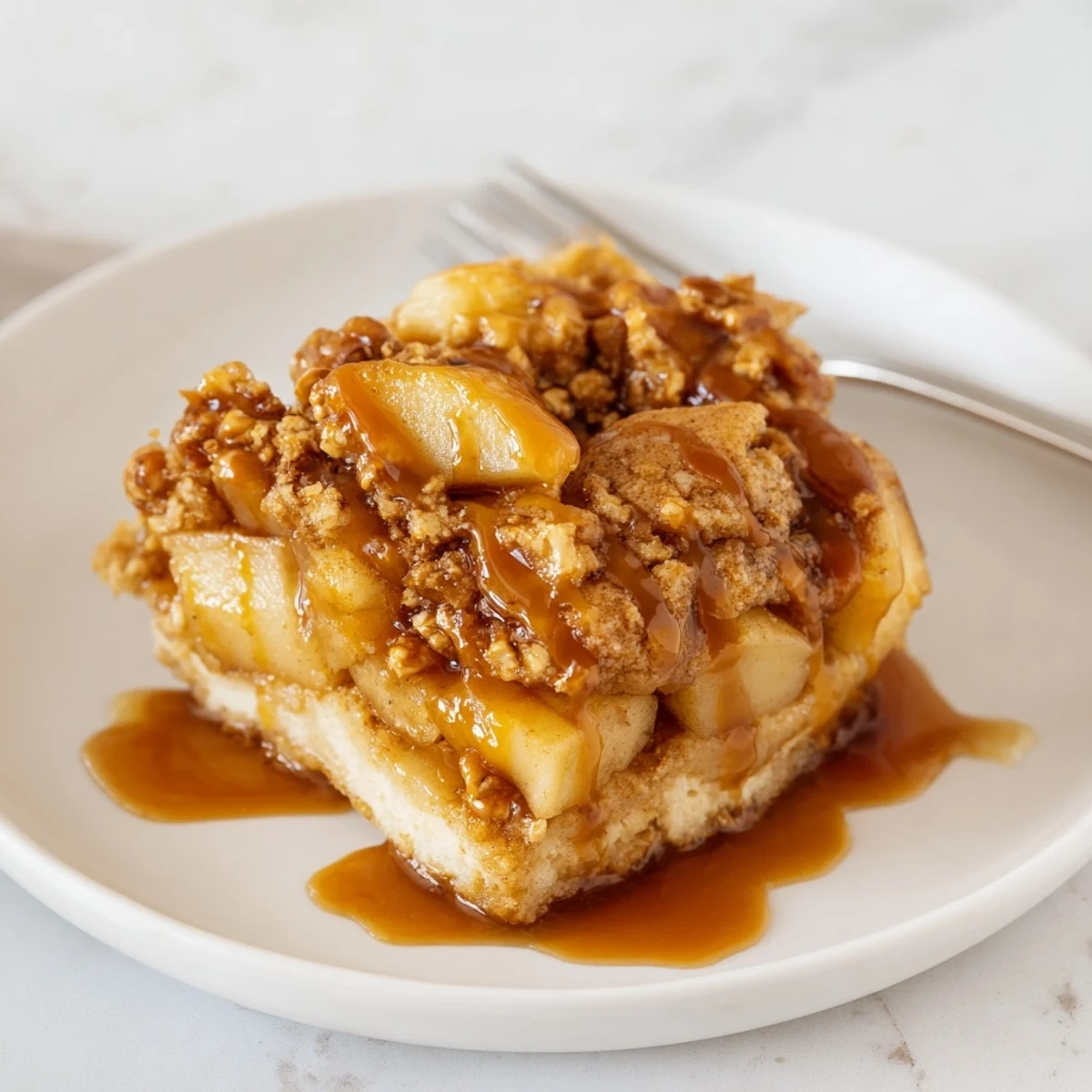Delicious Caramel Apple Flaky Pretzel Biscuit Bars topped with crunchy pretzel crumble.
