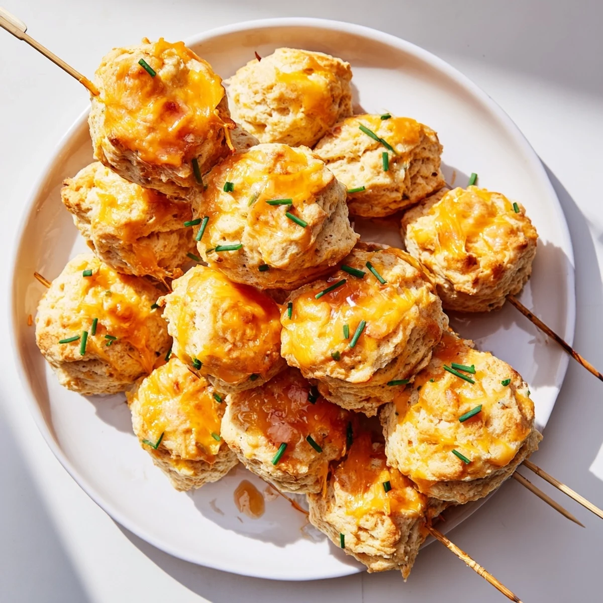 Fluffy cream soda cheddar sweet tea biscuit skewers, drizzled with glaze and garnished.