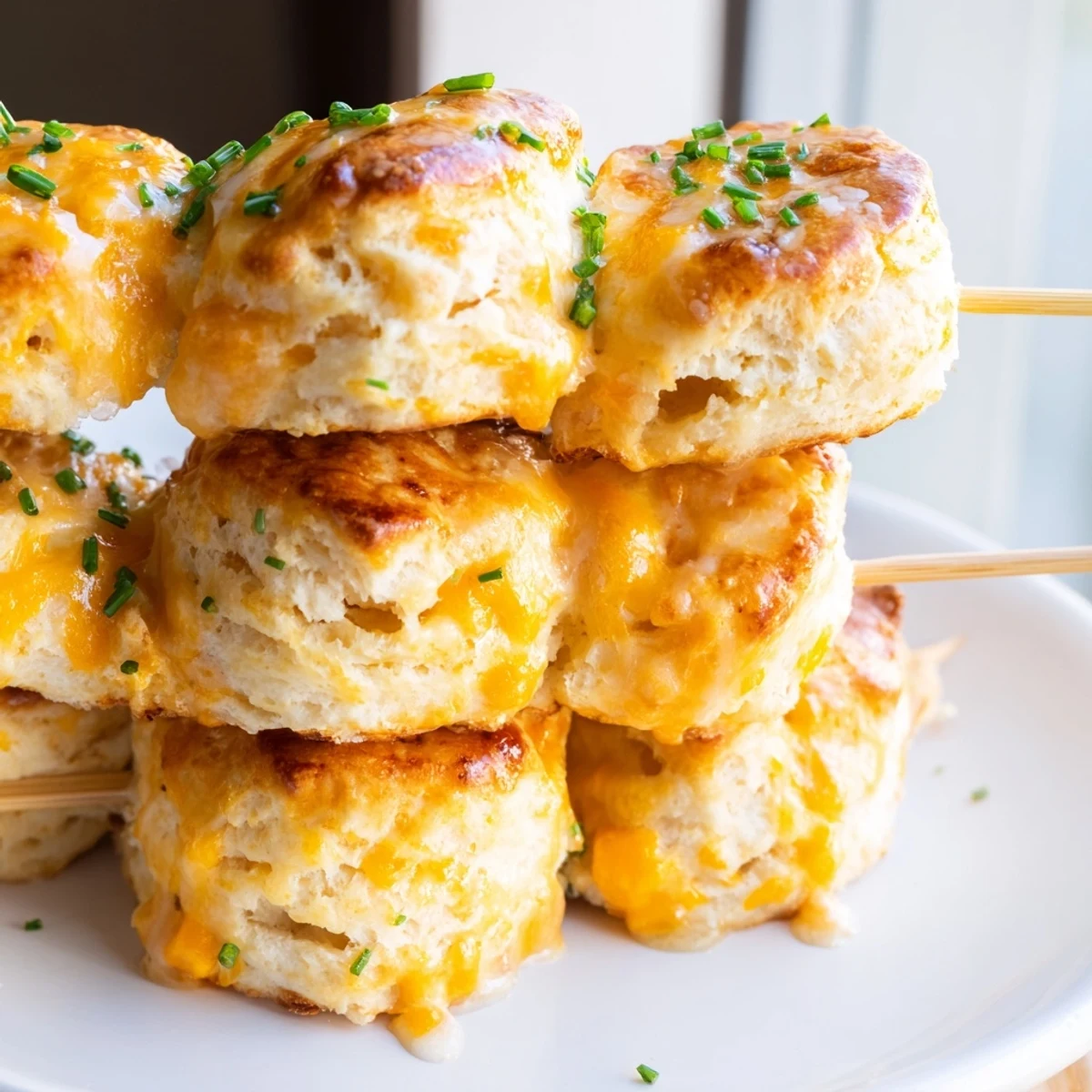 Delicious cream soda cheddar sweet tea biscuit skewers, served warm with chive topping.