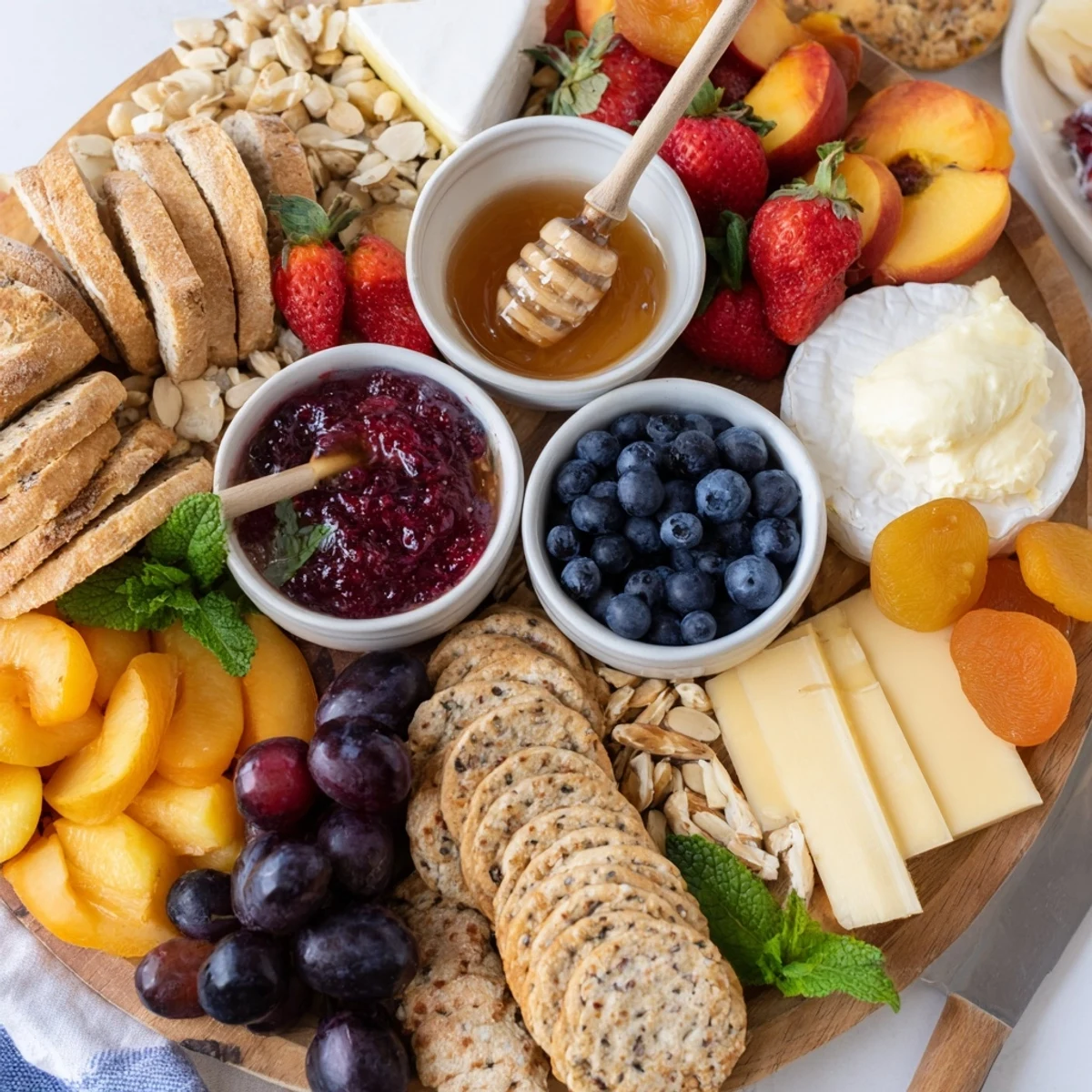 A stunning jam-infused brunch board filled with fruits, cheeses, and artisan breads.  