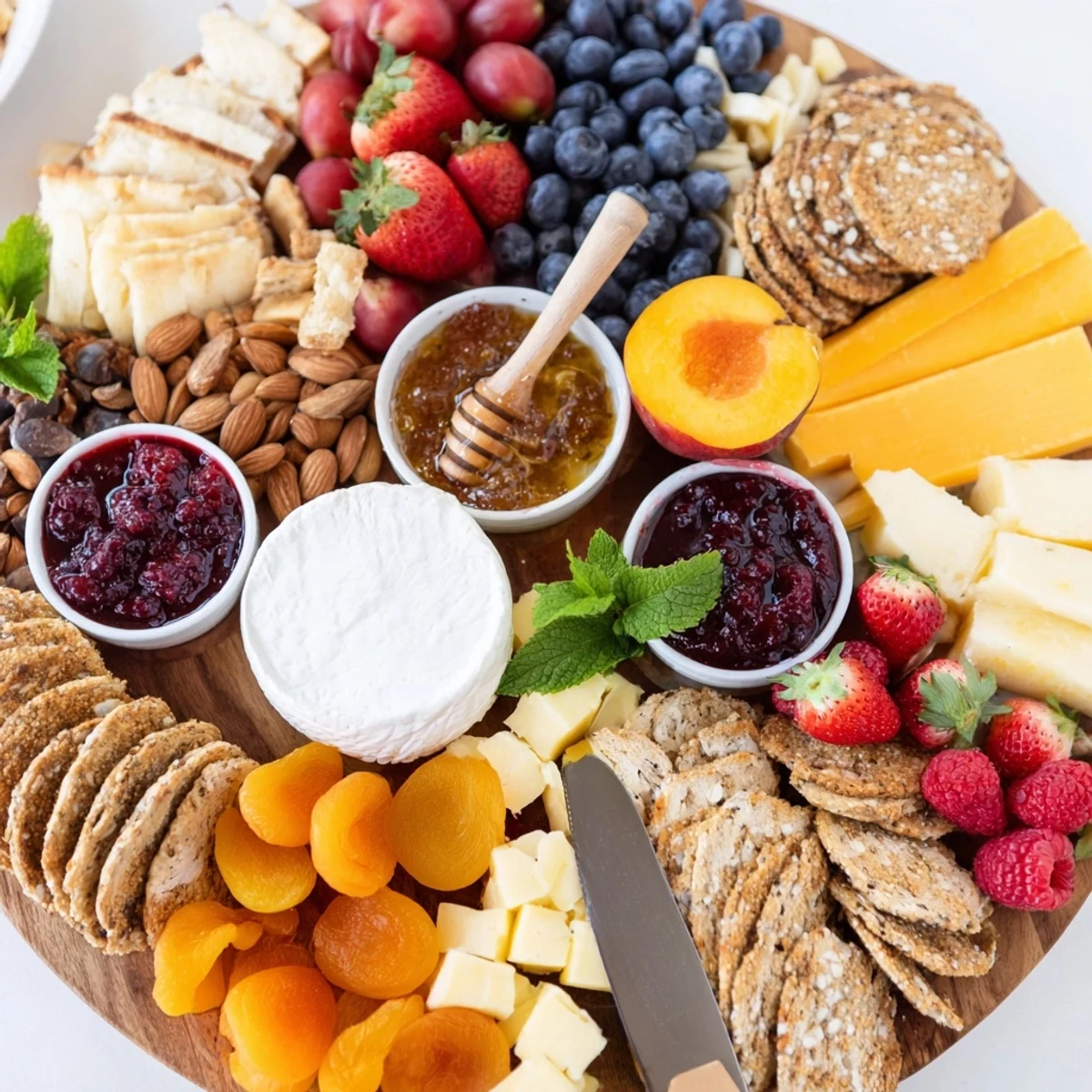 Colorful jam-infused brunch board featuring fresh fruits, sliced cheeses, and artisan breads.  