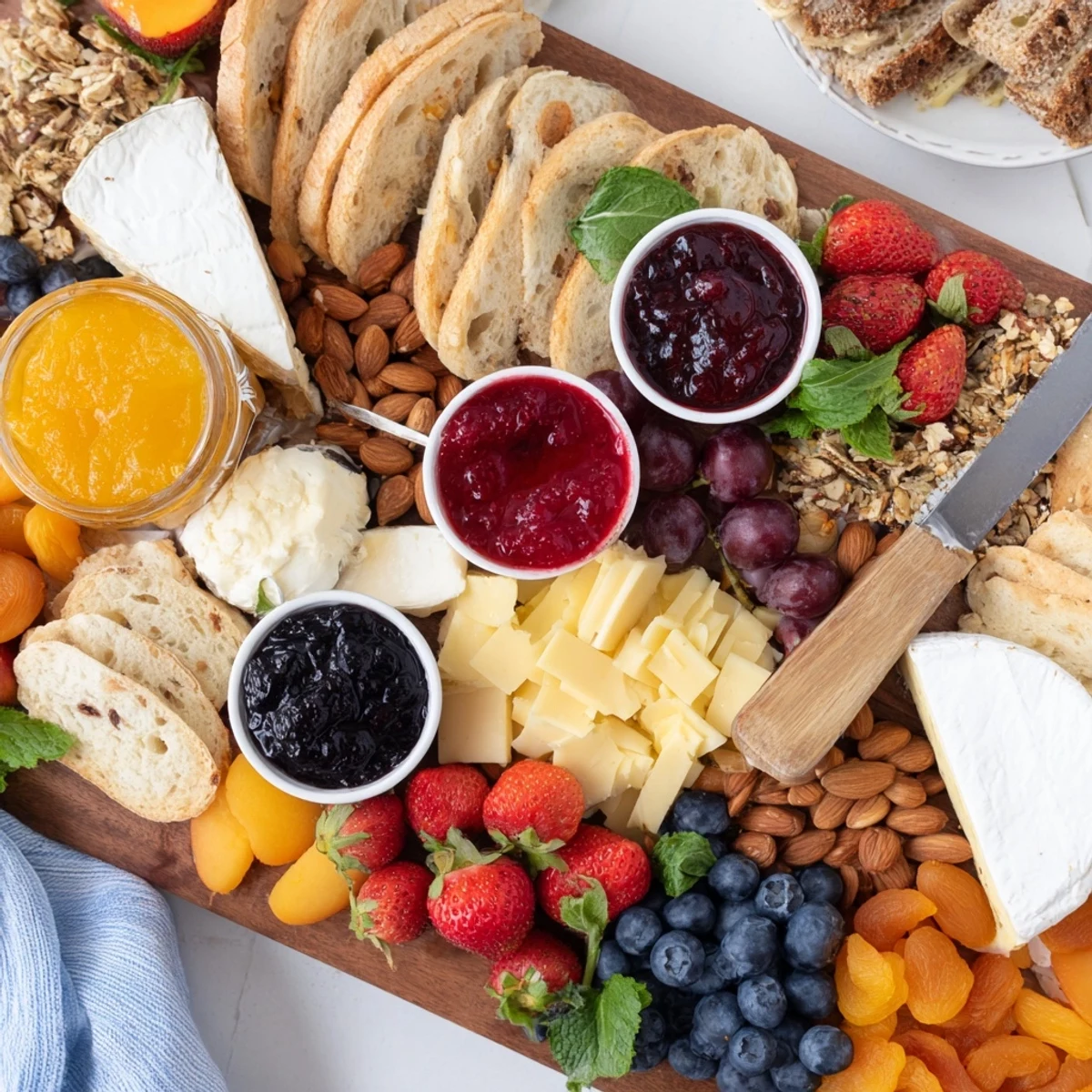 Vibrant jam-infused brunch board adorned with assorted jams, fresh fruits, and crispy crackers.