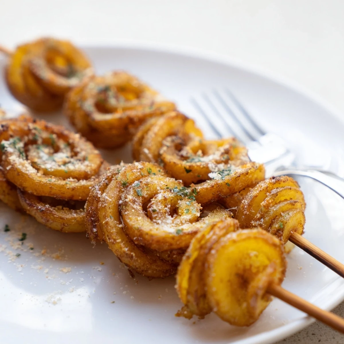 Crispy air-fryer tornado potatoes seasoned perfectly, ideal for a fun snack.  