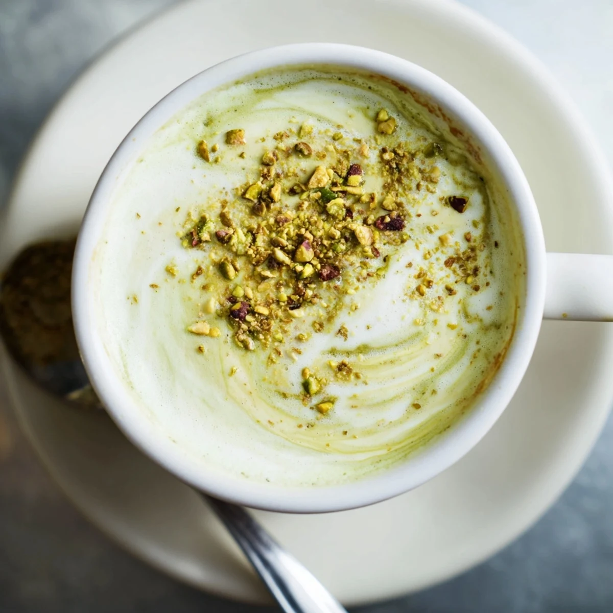 Creamy pistachio milk latte topped with crushed nuts, a delightful coffee treat.  