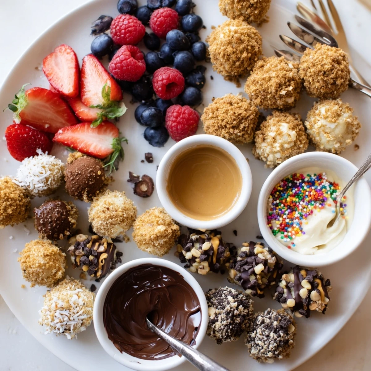 Colorful array of cheesecake bites, drizzled with chocolate ganache and caramel sauce.  