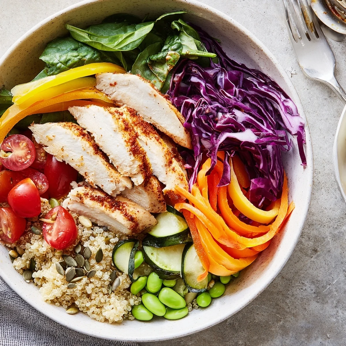 Vibrant healthy meal-prep bowls filled with colorful veggies and grilled chicken slices.  