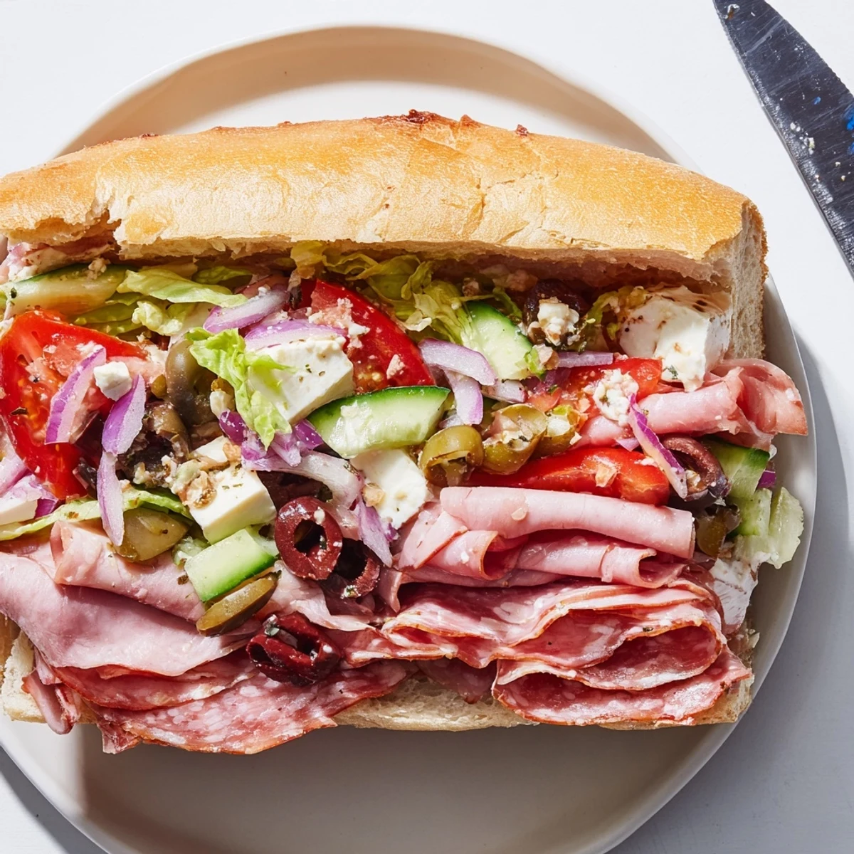 A mouthwatering Flavor Mash-Up Sandwich, overflowing with fresh Italian ingredients and colorful toppings.  