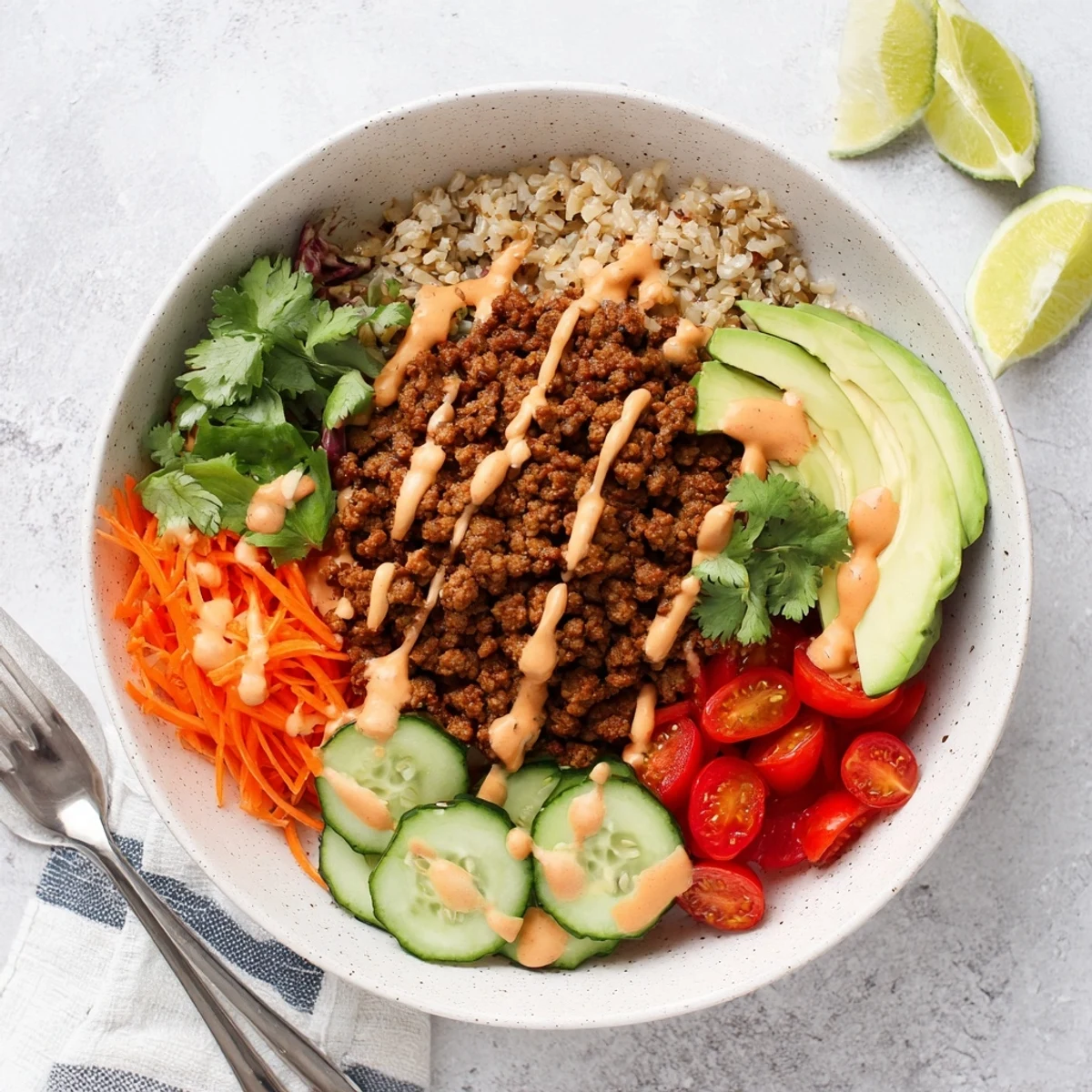 Delicious Plant-Based Meat Bowl featuring rich toppings and a creamy sriracha drizzle.
