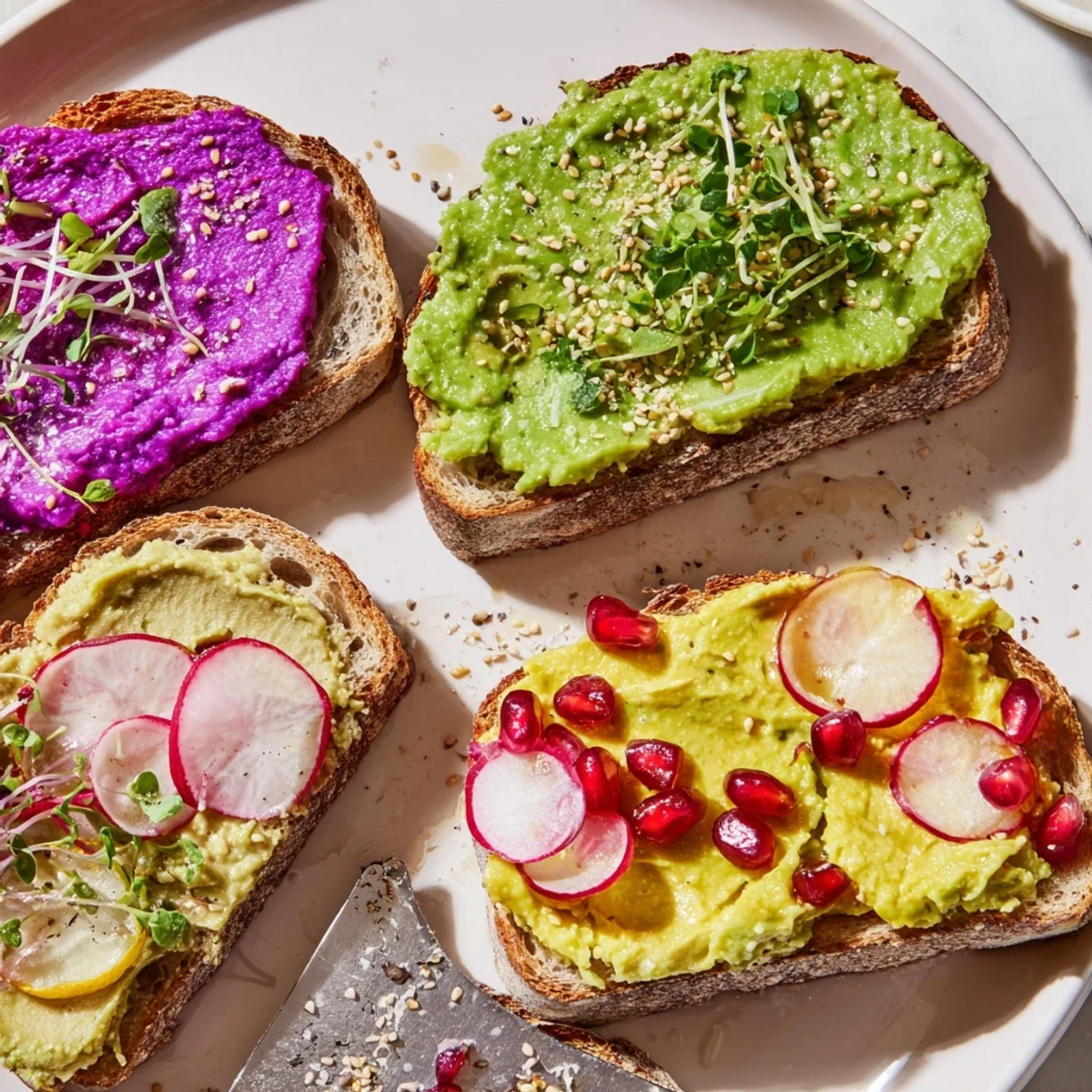 Lively Bright & Bold Breakfast Toasts with creamy ube, fresh avocado, and radish slices.  