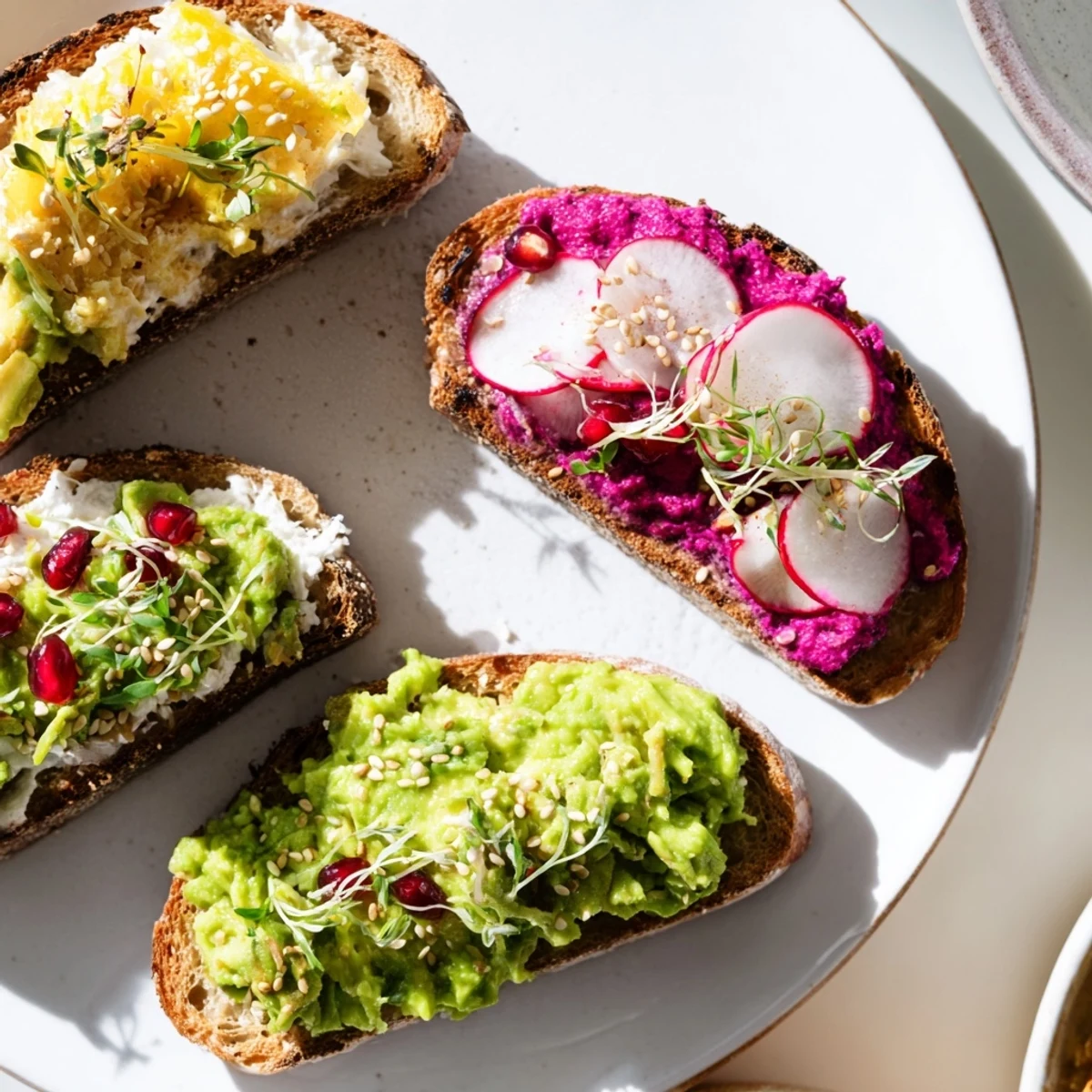 Delicious Bright & Bold Breakfast Toasts featuring ube halaya, avocado, and pomegranate seeds.