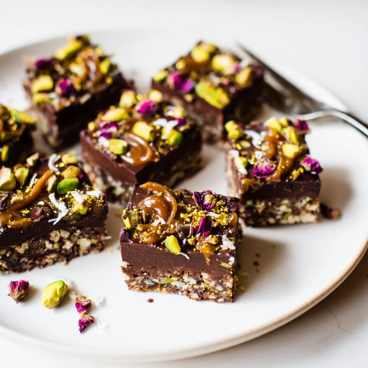 Decadent chocolate bar inspired creations topped with crunchy pistachios and rose petals.  