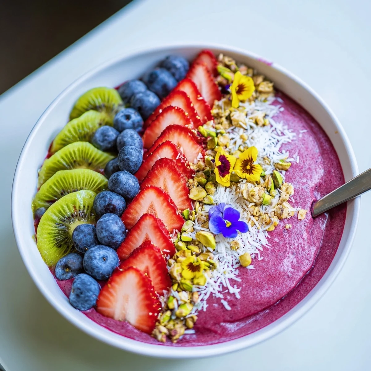 Deliciously unique smoothie bowls topped with granola and edible flowers.