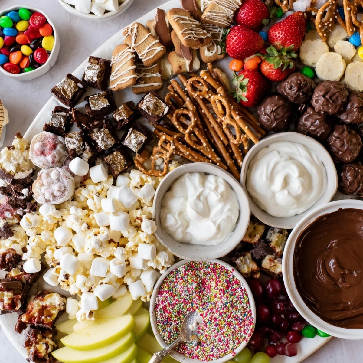 A colorful dessert board with themed snacks, featuring cookies and fresh fruits.  