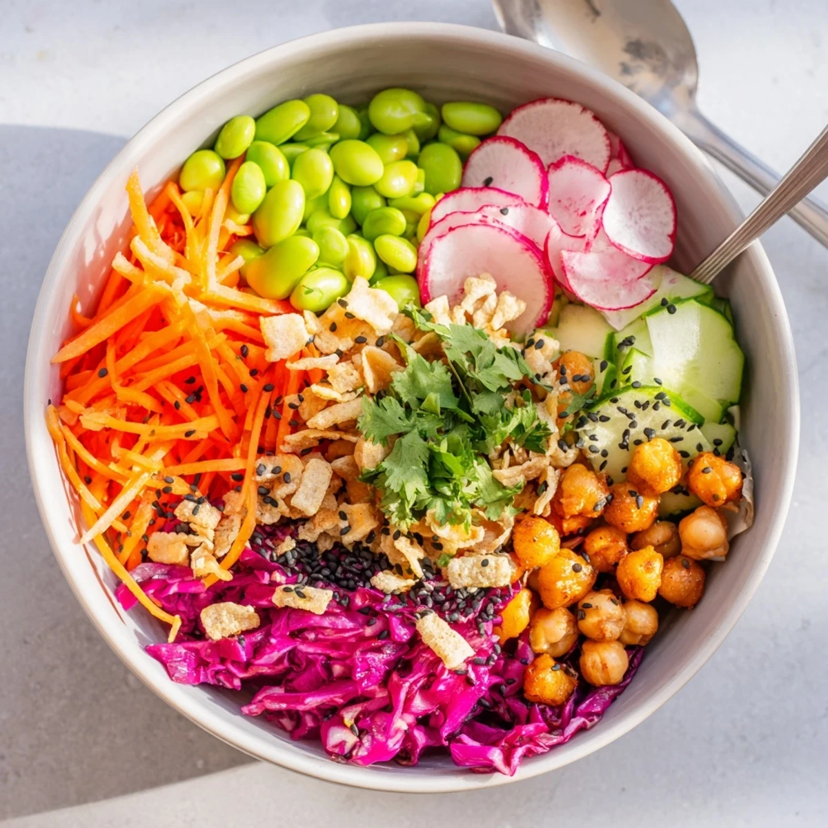 Colorful ASMR Crunch Snack Bowls filled with vibrant veggies and crunchy toppings.  