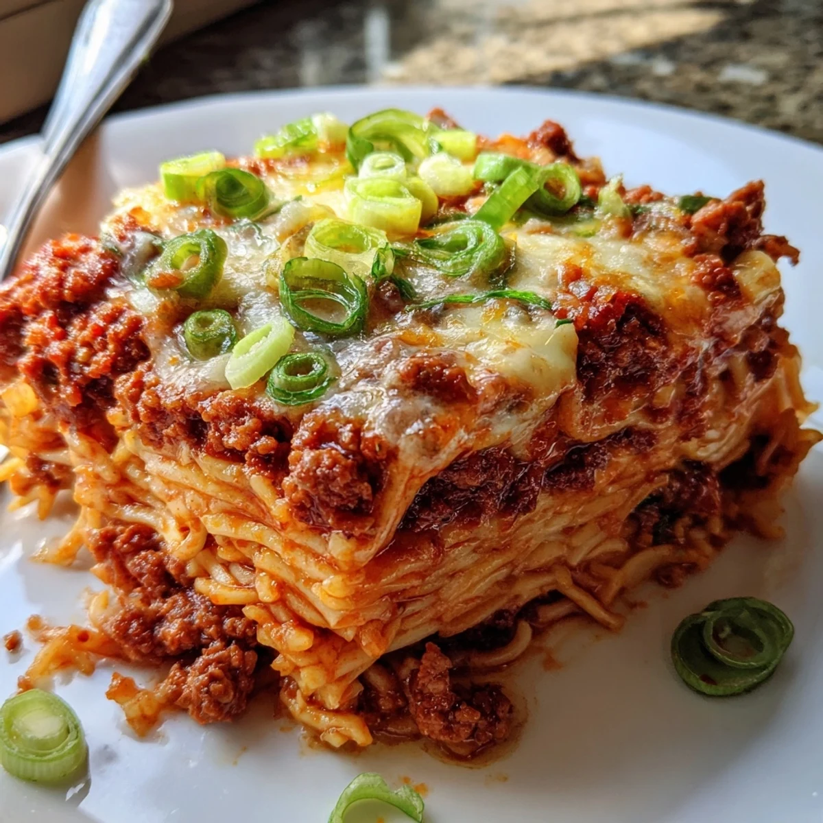 A comforting Spicy Ramen Lasagna featuring tangy tomato sauce and aromatic spices.