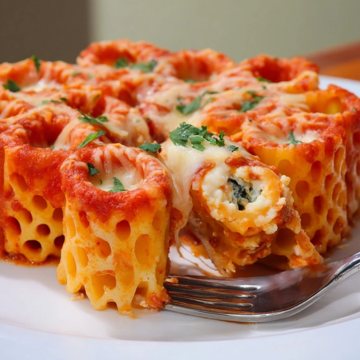 Golden-baked Honeycomb Pasta Cake filled with rich tomato sauce and creamy cheeses.  