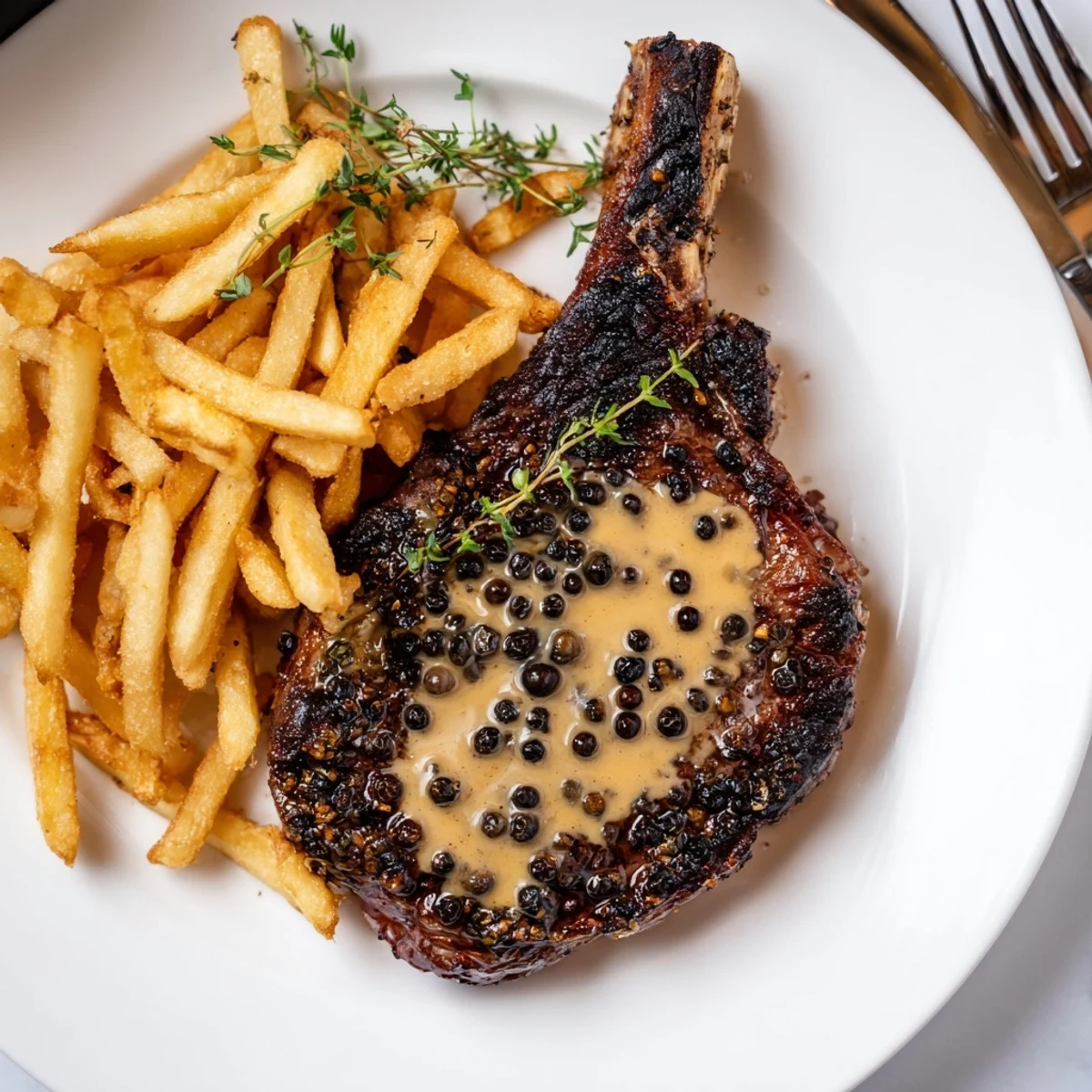 Delicious Classic Peppercorn Ribeye garnished with fresh thyme and crispy fried potatoes.