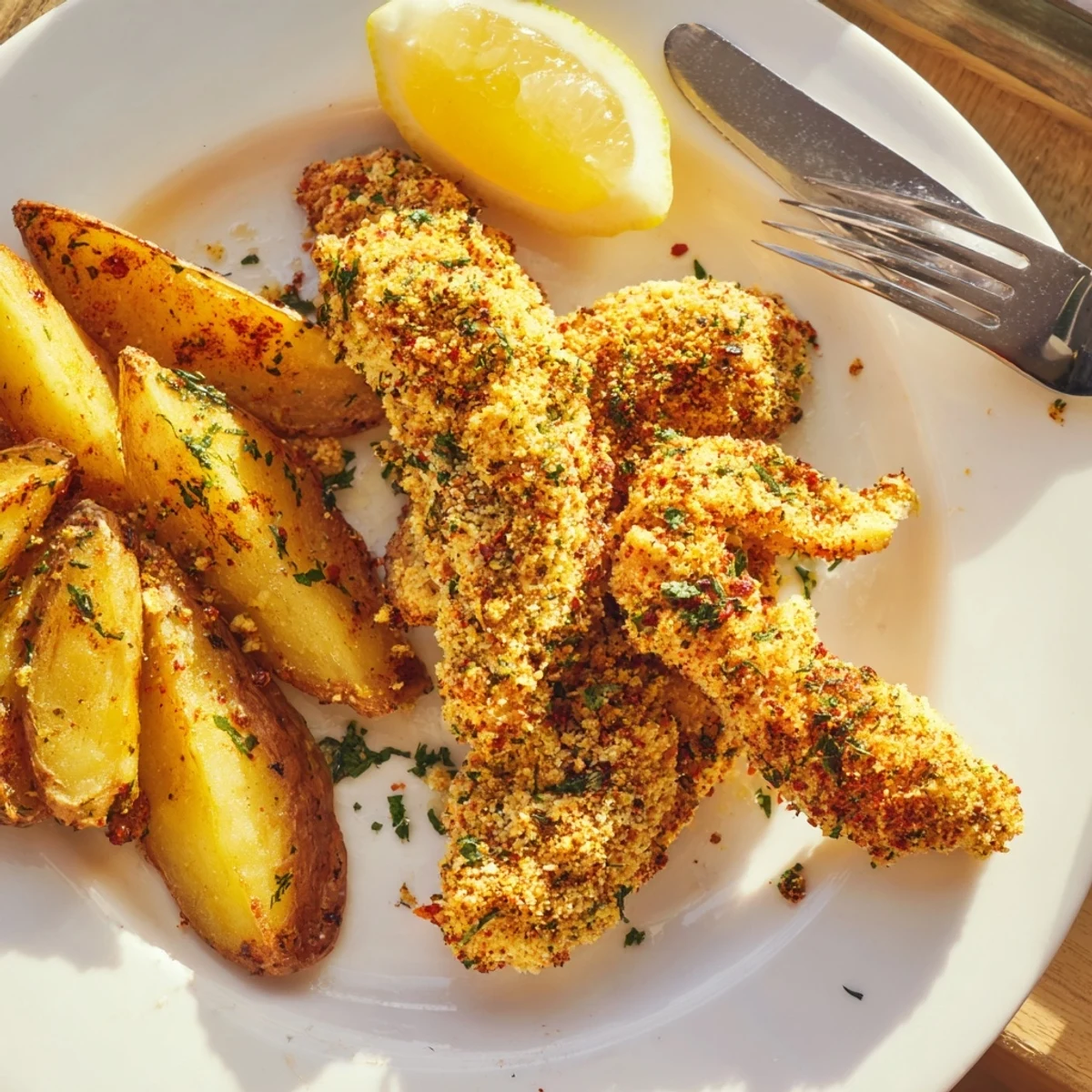 Juicy herbed chicken tenders served with crispy potato wedges, perfect for family dinners.  