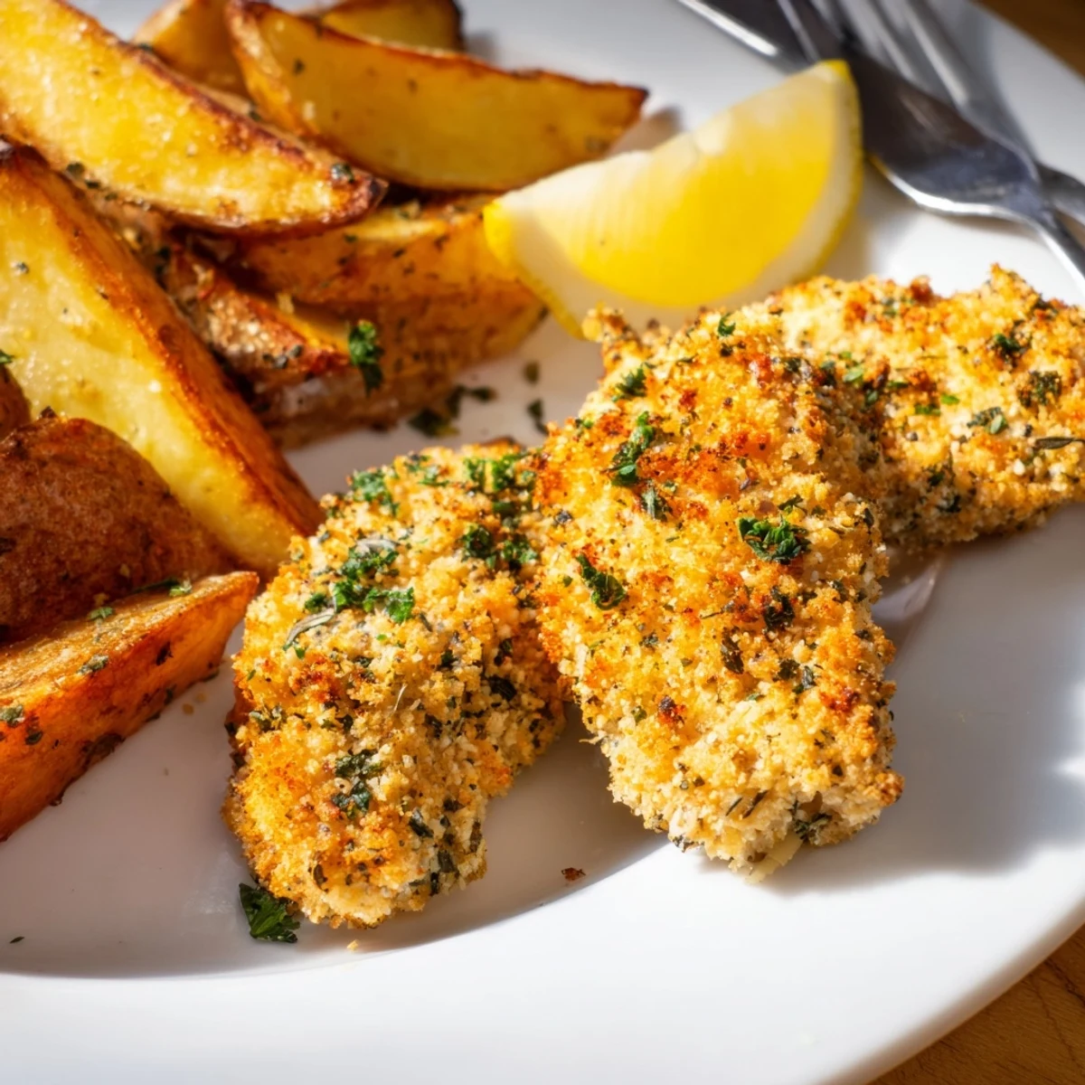 Crispy, flavorful herbed chicken tenders alongside crunchy potato wedges, garnished with fresh parsley.
