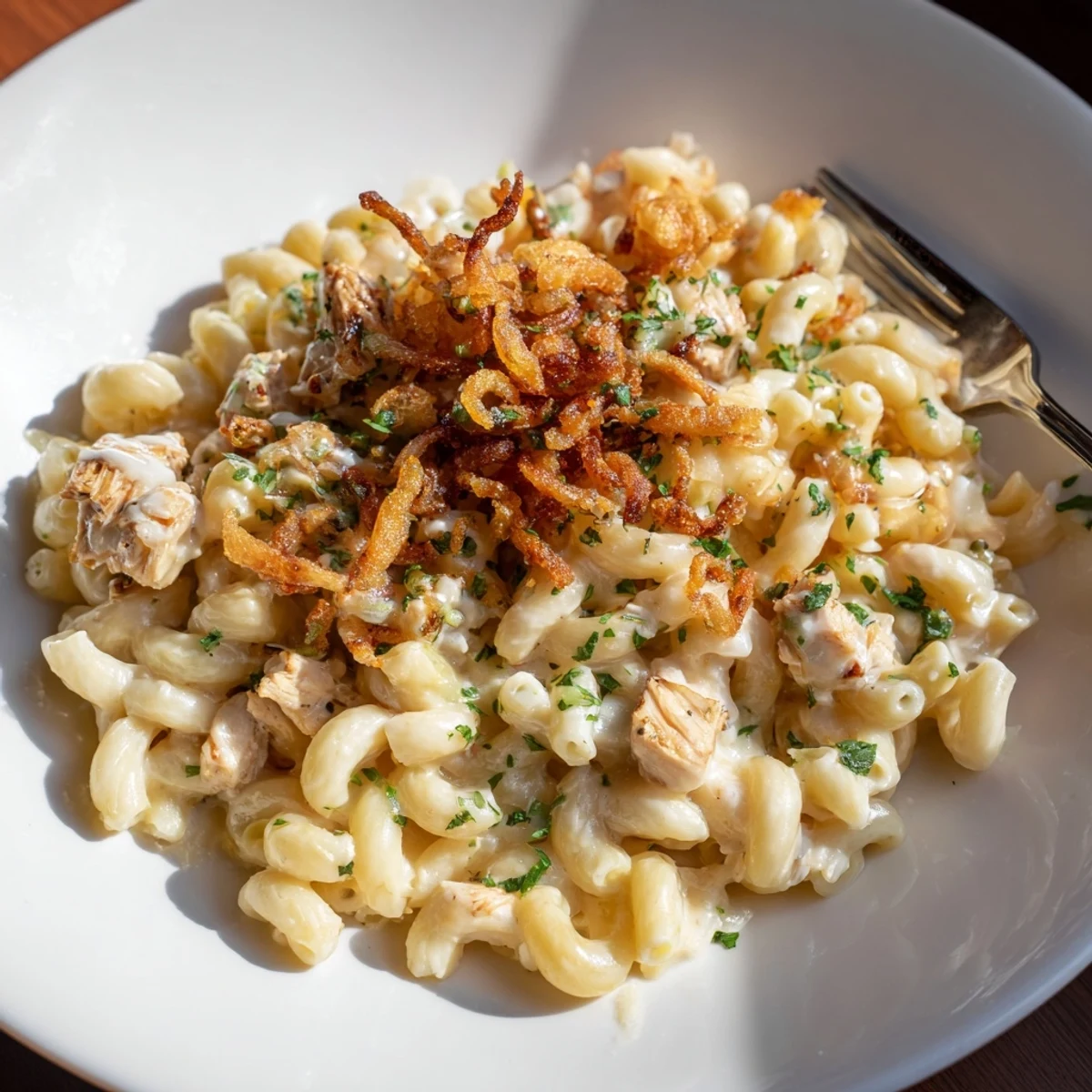 Creamy One-Pot Honey BBQ Chicken Mac and Cheese topped with crispy onions.  
