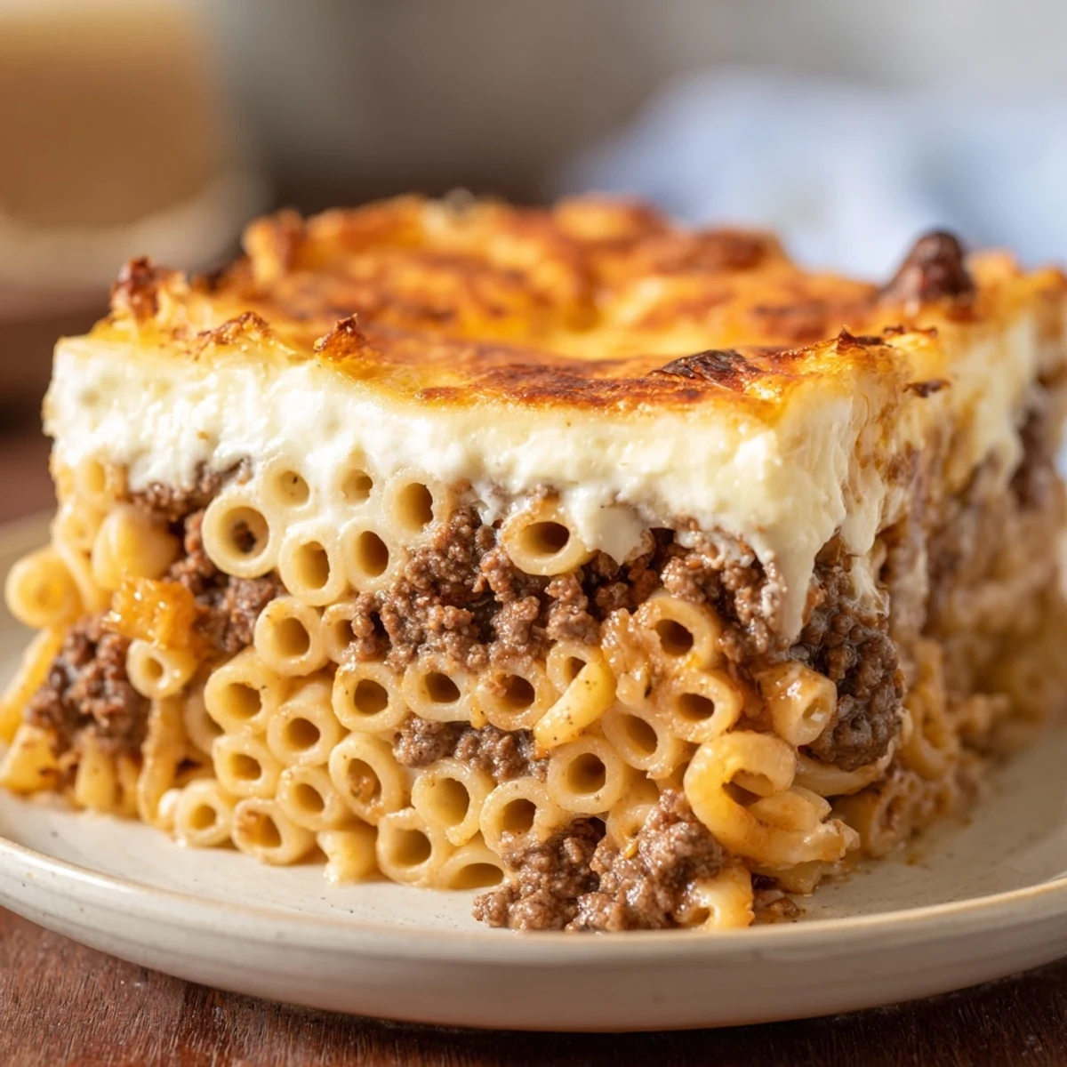 Golden, bubbly top of a homemade Greek Pastitsio casserole, ready to serve, a delicious meal.